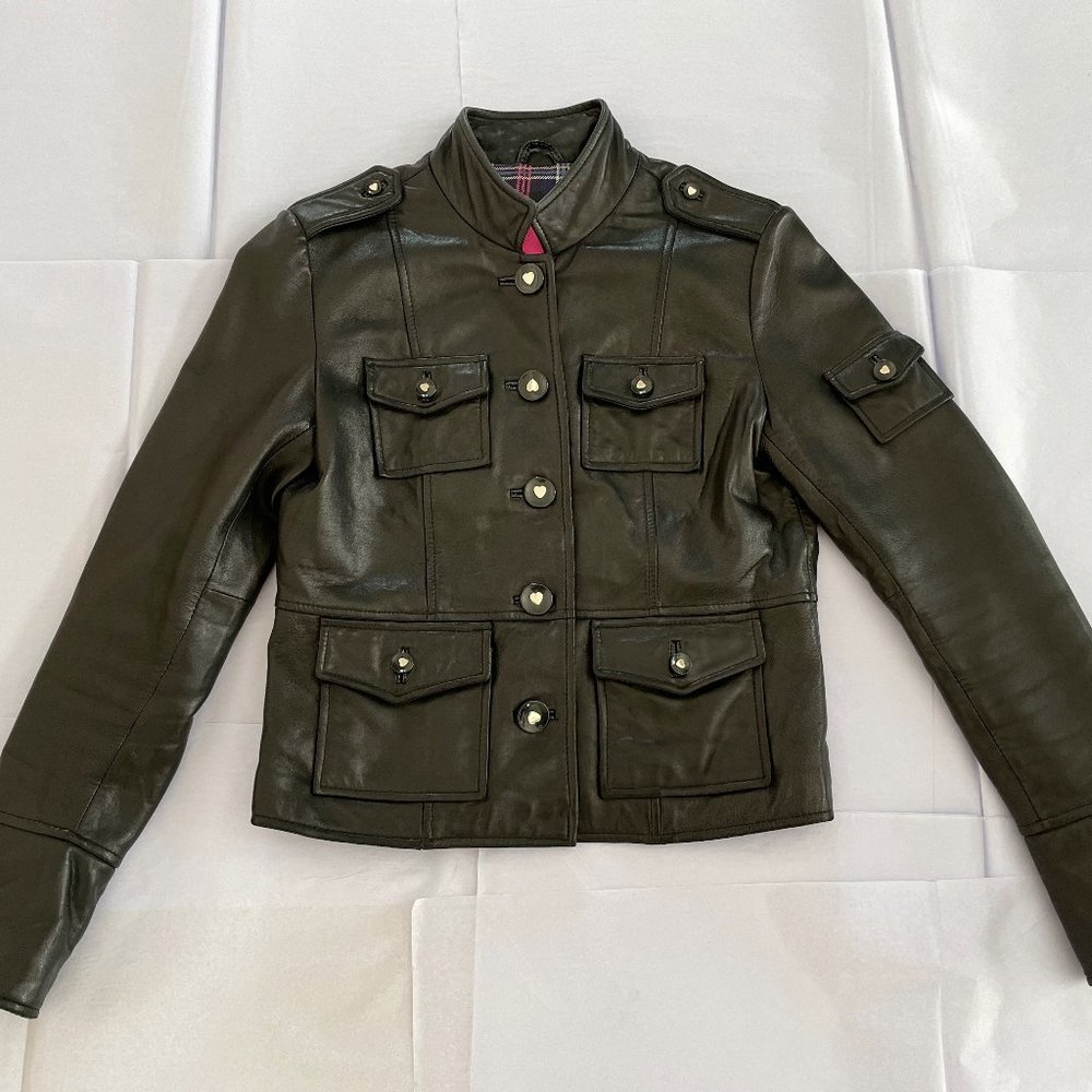 Betsey Johnson Black Leather Moto Jacket Little Gold Heart Buttons Size M